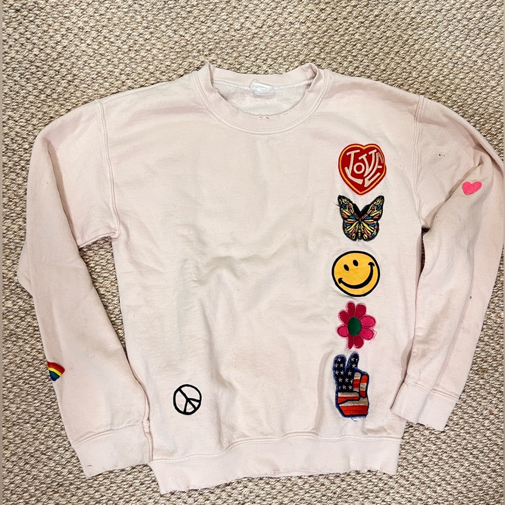MADEWORN pullover sweatshirt crew neck light pink with vintage patches size XS